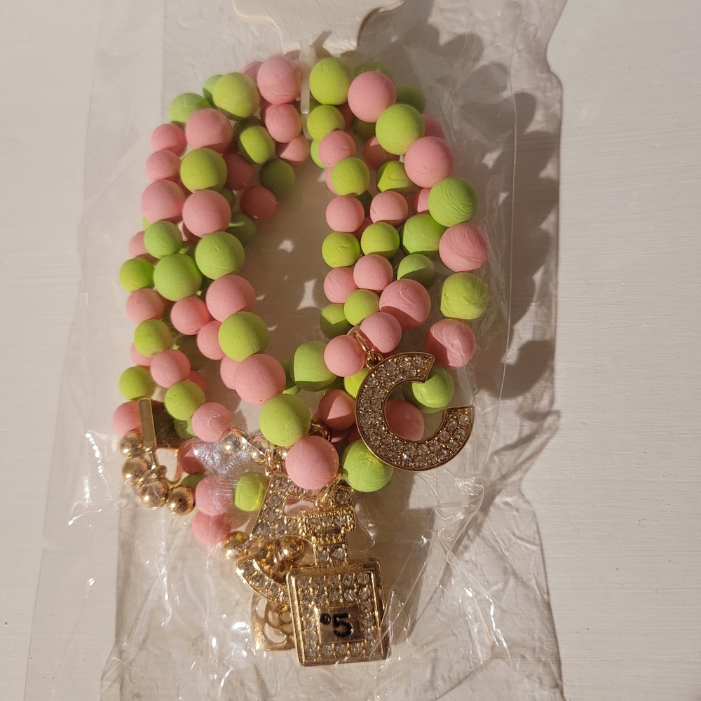 Pink and Green Beaded Bracelet with Gold Accents